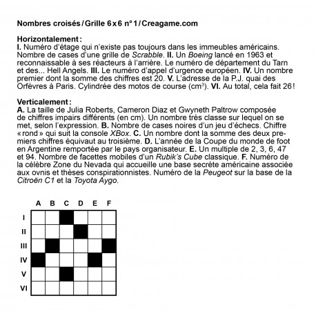 Nombres croisés 6x6 n° 1