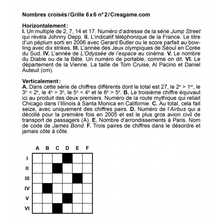 Nombres croisés 6x6 n° 2