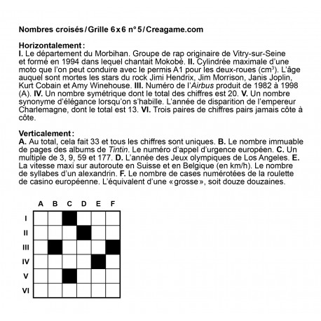 Nombres croisés 6x6 n° 5