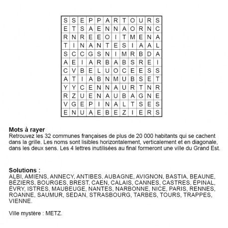 Mots à rayer thématiques 12x12 n° 1 / villes françaises