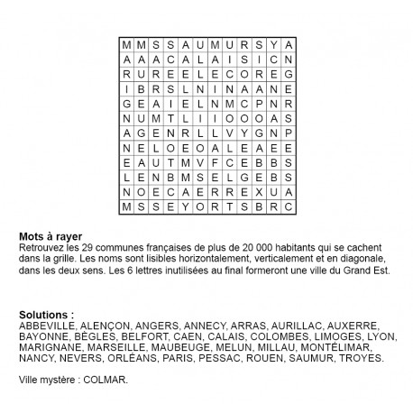Mots à rayer thématiques 12x12 n° 12 / villes françaises