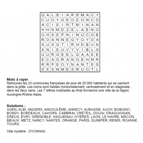 Mots à rayer thématiques 12x12 n° 13 / villes françaises