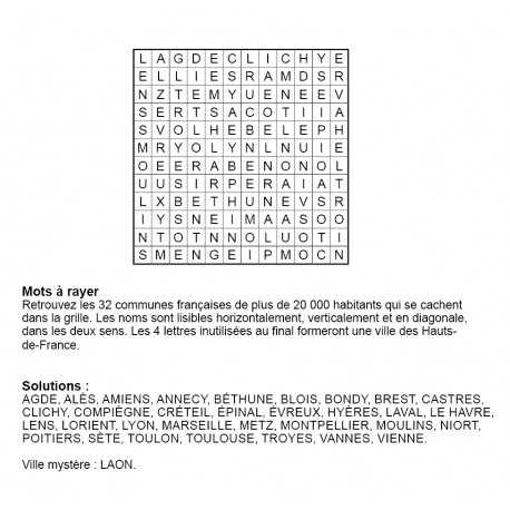 Mots à rayer thématiques 12x12 n° 15 / villes françaises