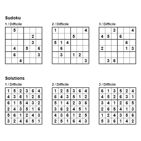 Sudoku 6x6 - Niveau Difficile - Pack n° 1 de 3 grilles