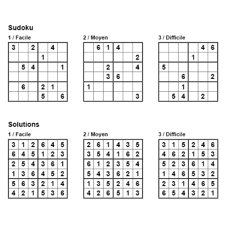 Sudoku 6x6 - pack n° 1 de 3 grilles (Facile / Moyen ...