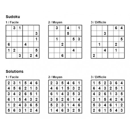 Sudoku 6x6 - Pack n° 3 de 3 grilles - 3 niveaux (Facile / Moyen / Difficile)