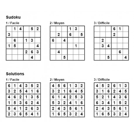 Sudoku 6x6 - Pack n° 9 de 3 grilles - 3 niveaux (Facile / Moyen / Difficile)